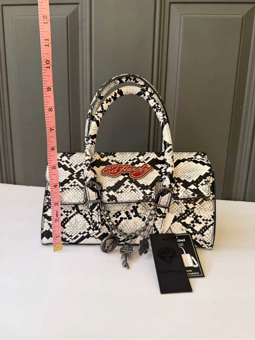 Ed Hardy White & Black Snake-Print Satchel with Charm Accents